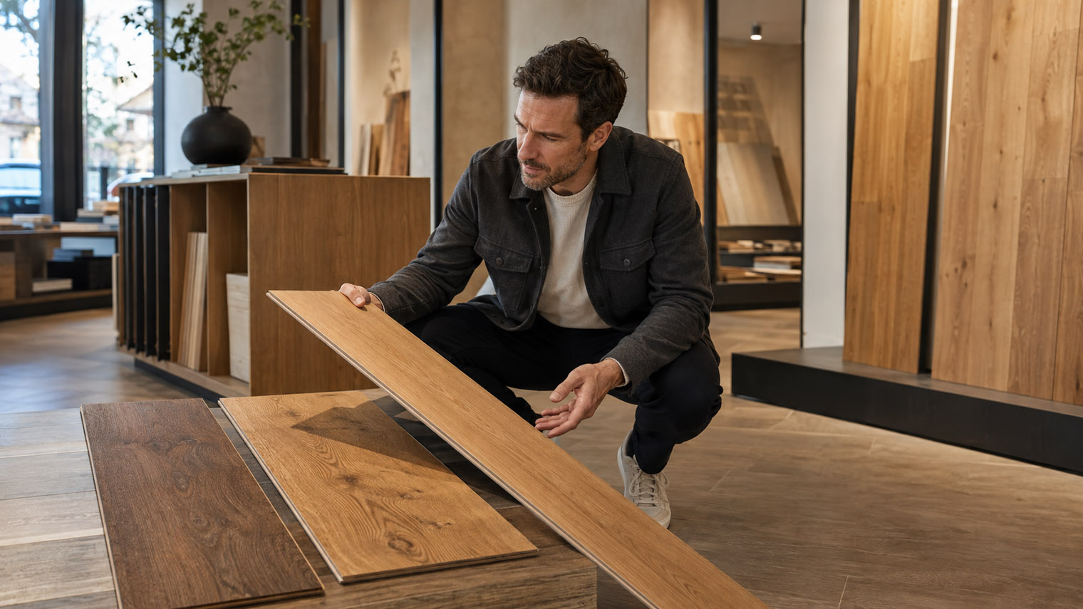 мужчина выбирает напольное покрытие
